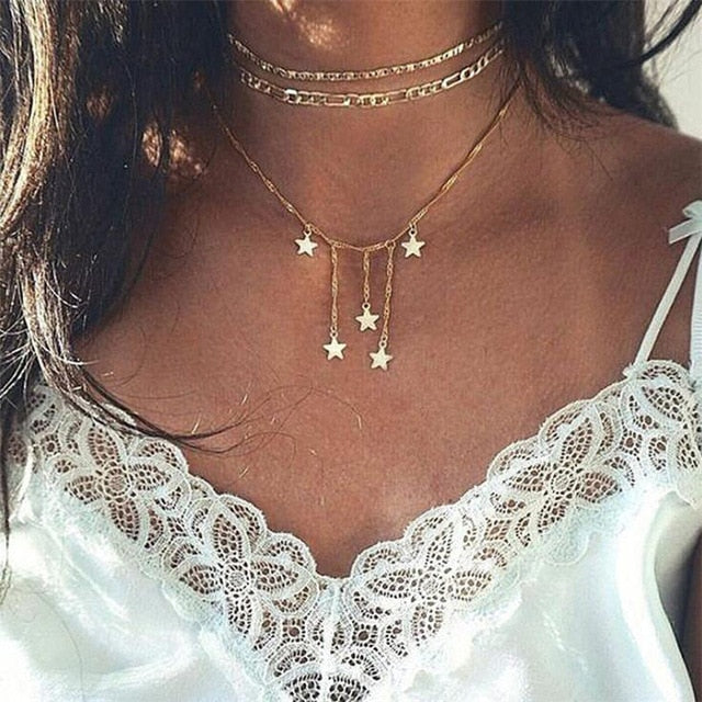Multi Layer Necklace with Stars - Oneposh